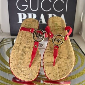 Michael Kors Red Thong Sandals with Gold MK Medallions